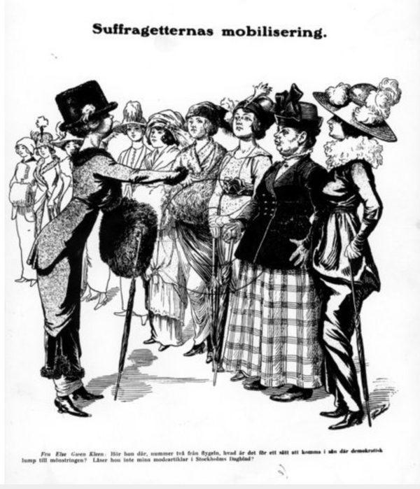 Suffragetter uppställda på rad. Illustration.