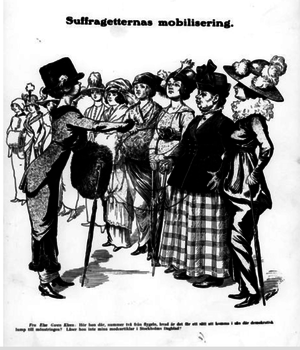 Suffragetter uppställda på rad. Illustration.