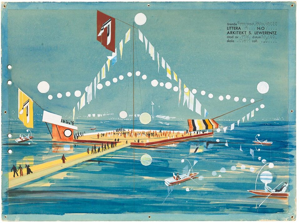 En folkfylld paviljong på vatten. Sigurd Lewerentz stod för den grafiska designen till Stockholmsutställningen 1930. Affisch. Foto: ArkDes samlingar