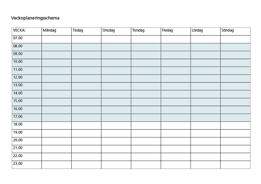 Ett veckoschema måndag till söndag med rutor att fylla i från kl 7-23